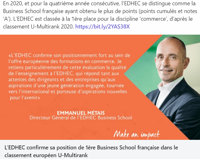 Edhec 1ère Business School française (U-Multirank)